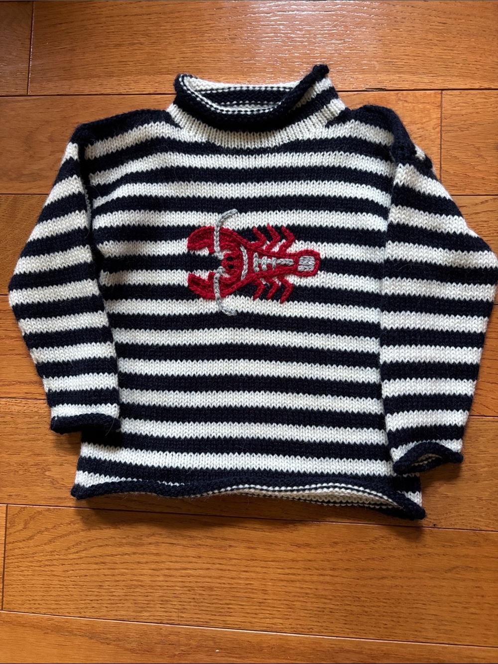 Navy and White Striped Kids Sweater with Red Lobster Motif